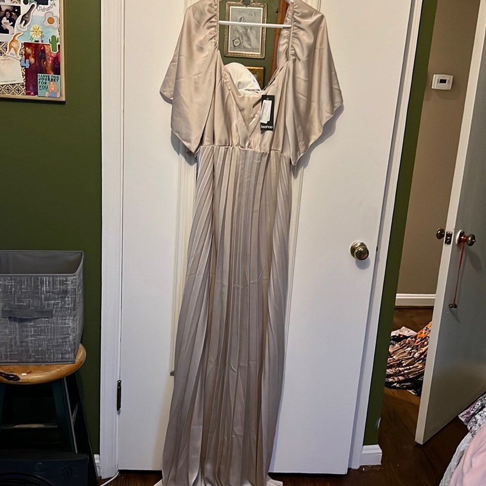 Boohoo champagne pleated satin maxi dress